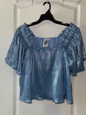 QUEEN OF SPARKLES Metallic Light Blue Off-Shoulder Blouse